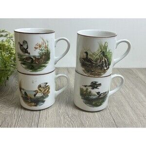 Set Of 4 Mugs Cups Ducks Waterfowl JKW Bavaria West Germany Cottage Cabin